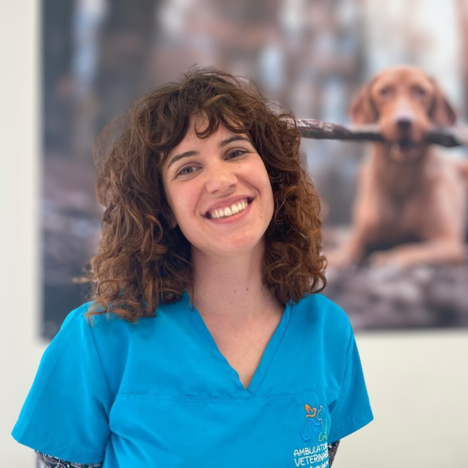 Una persona sorridente con i capelli ricci che indossa un camice blu, che ricorda lo spirito vibrante di Vanessa Dalla Valle, è in piedi in un interno. Sullo sfondo sfocato, una grande foto cattura un cane che tiene gioiosamente un bastone in bocca.